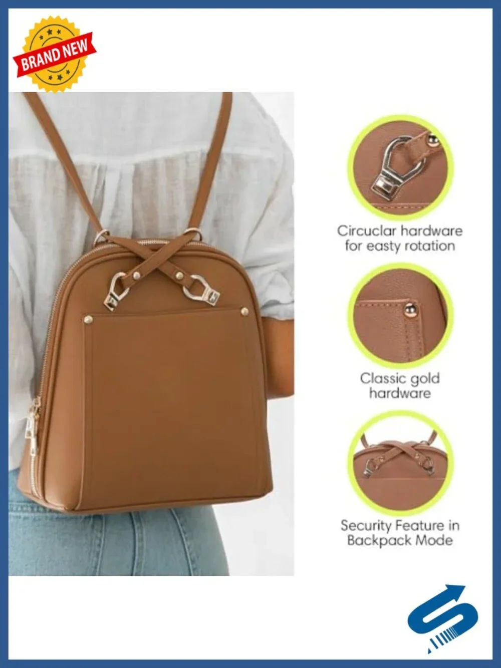 Vegan Leather Convertible Backpack Purse with Gold Hardware